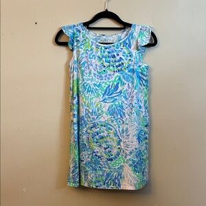 Lilly Pulitzer Blue, Green & White Floral Print Ruffle Sleeve Dress